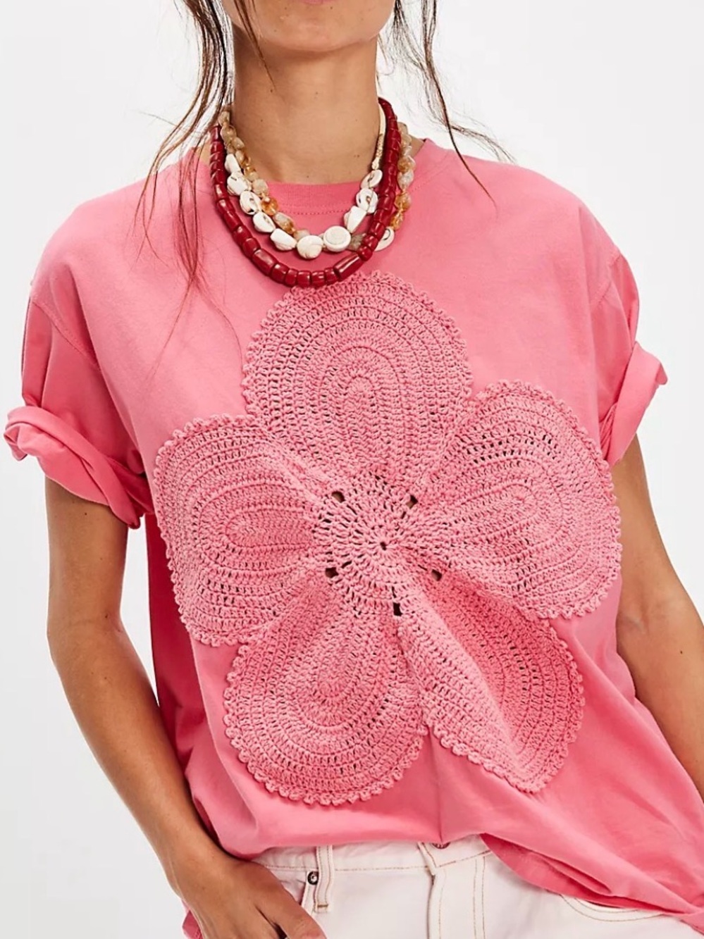 *SOLD OUT* THE TALES FREE PEOPLE Woven Floral Crochet Applique Tee - Pink